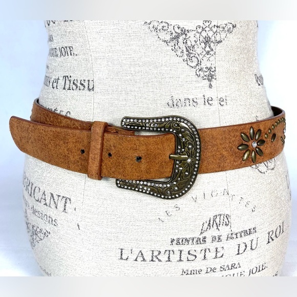 Accessories - Western Studded Rhinestone Belt Brown Faux Leather Womens S/M 42"